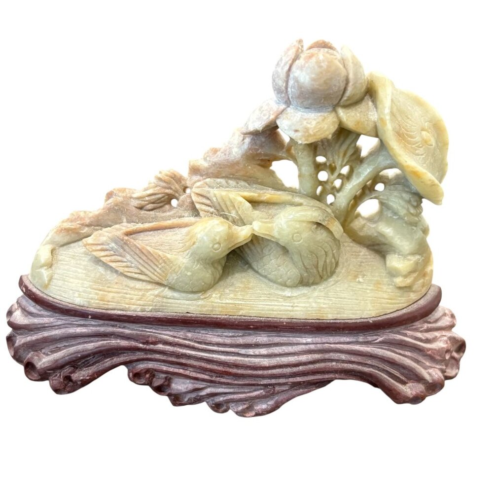 Vintage Chinese Hand-Carved Soapstone Sculpture Of Birds & Lotus On Wooden Base